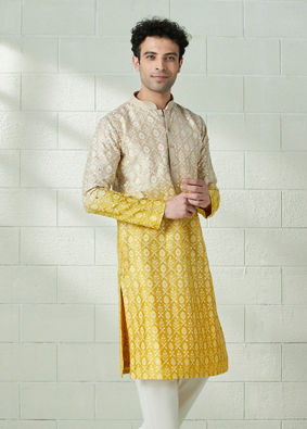 Beige And Yellow Ombre Effect Mirror Work Kurta Set image number 0